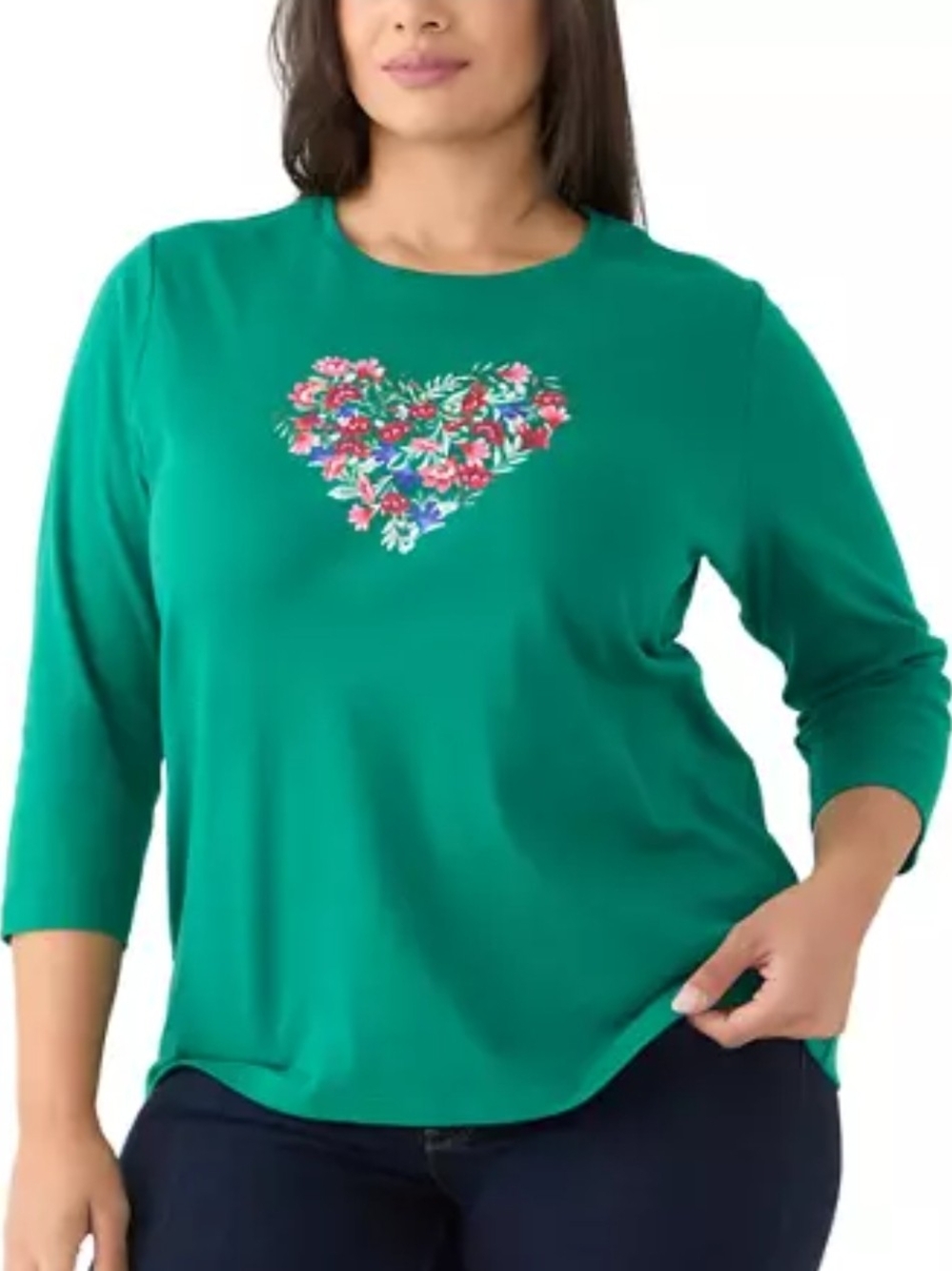 NWT Kim Rogers Green Floral Heart Crewneck 3/4 Sleeve Top 2X